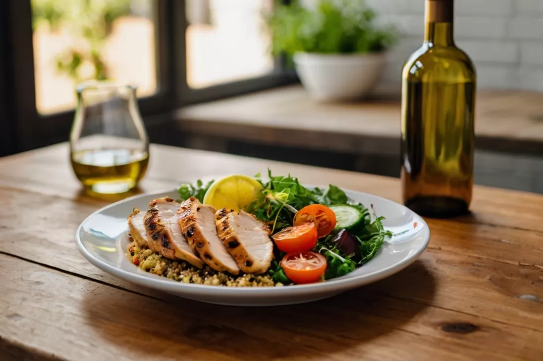 Frango grelhado com vegetais salteados e quinoa em um prato finalizado.